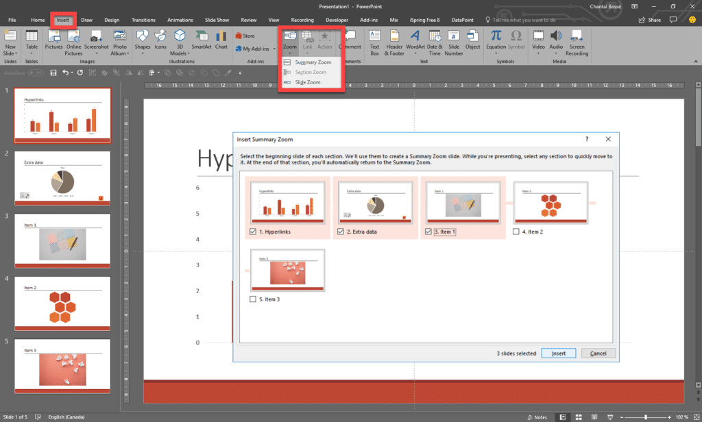 PowerPoint interface showing the Summary Zoom feature.